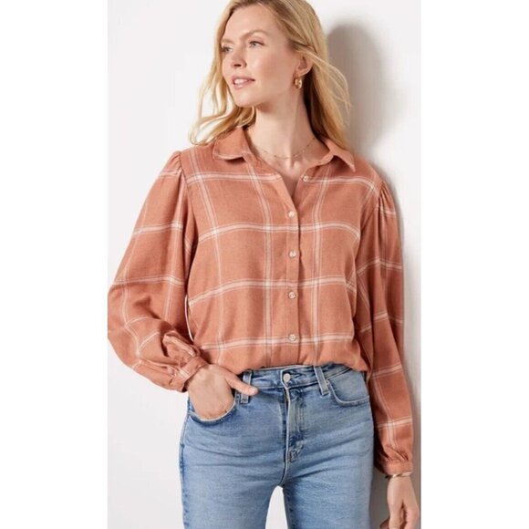 Z‎ Supply Overland Plaid Blouse In Brown Womens Large Evereve New - Picture 1 of 10